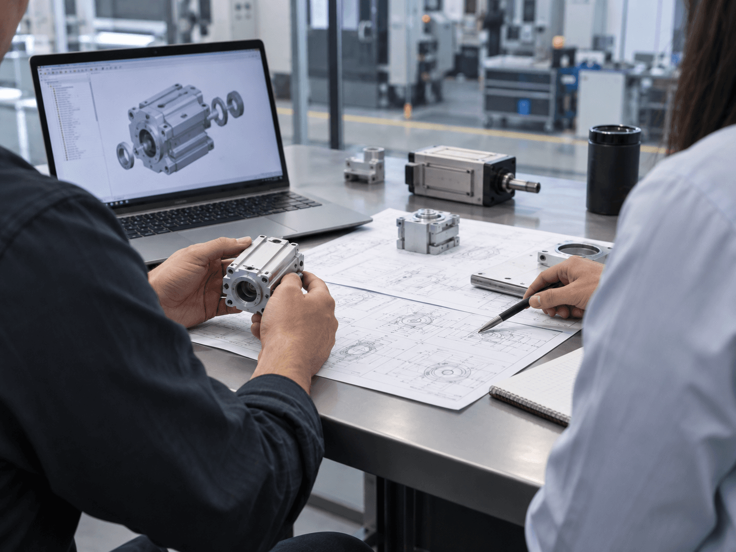 Two engineers reviewing a drawing and a sample part