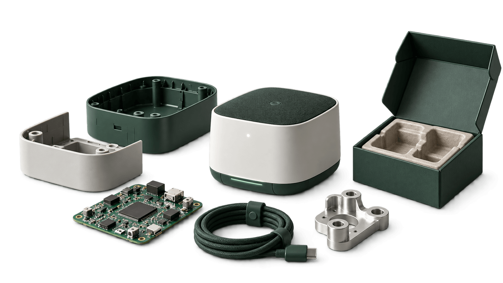 One product shown as its sourced parts: a moulded two-part housing, the assembled unit with a fabric top, a circuit board, a cable assembly, a machined bracket, and a folding carton with a moulded pulp insert